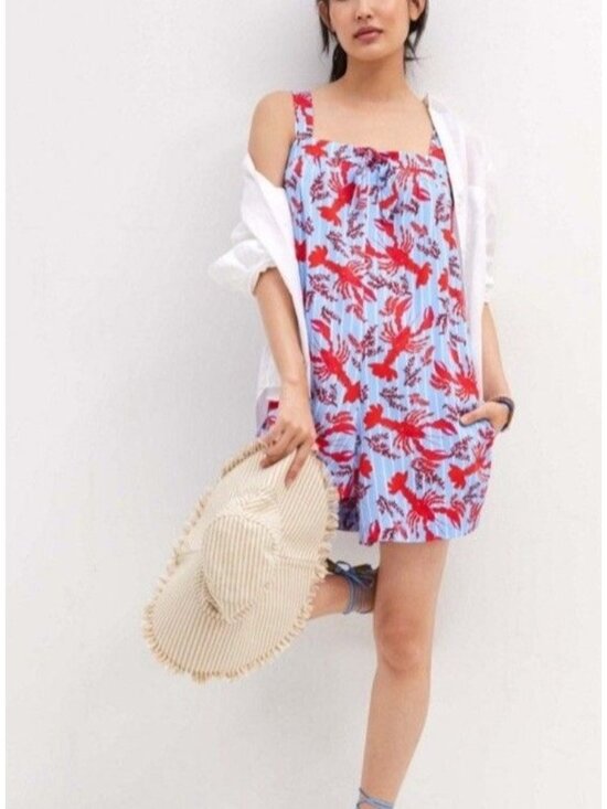 Corey Lynn Calter Pants - Corey Lynn Calter Anthropologie Womens Size S Lobster Romper Pockets Blue Red